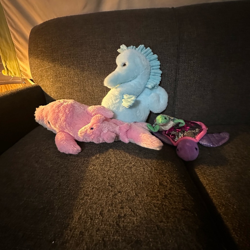 Sea Animal Plush Toy Set - Seahorse, Dolphin with Baby, Turtles